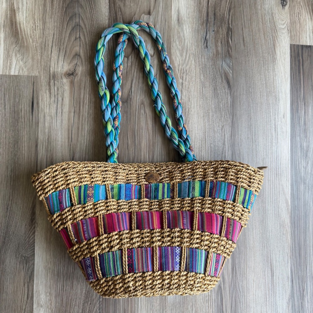 Cappelli Straworld‎ Seagrass Tote Bag Multi-Color Woven Boho Shoulder Bag Summer - Picture 4 of 7